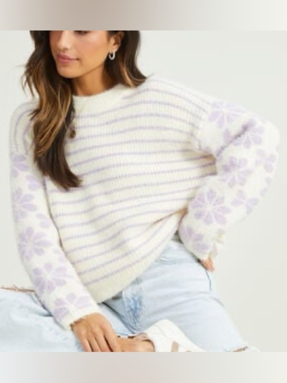 Altar’d State Cream and Lavender Striped Floral Sleeve Sweater